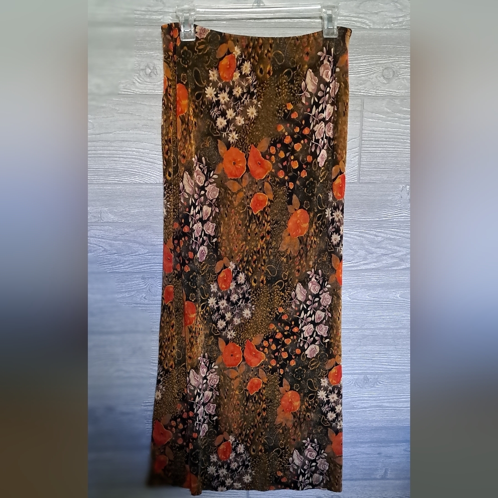 Carol Rose maxi floral multi-colored rust/brown/tan skirt, size large, pre-owned
